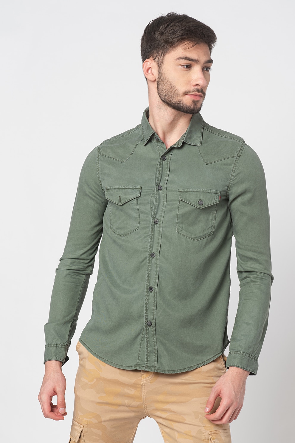 LTB, Camasa din lyocell cu buzunare pe piept Jamon, Verde sparanghel