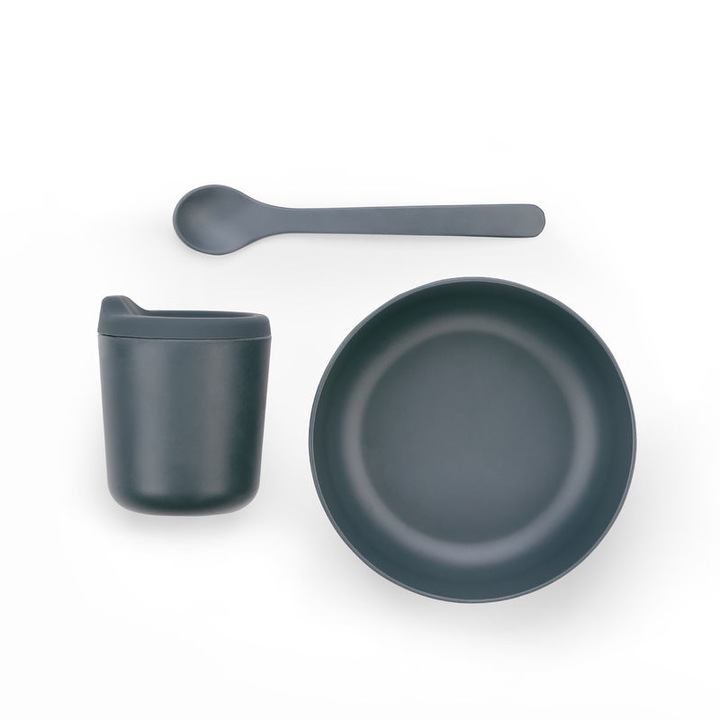 Set 4 piese din bambus pentru diversificare bebelusi/copii, Ekobo, bol, cana, capac, lingura, Gri inchis
