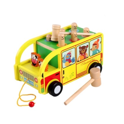 Jucarie educativa din lemn - Autobuzul animalelor cu ciocanel