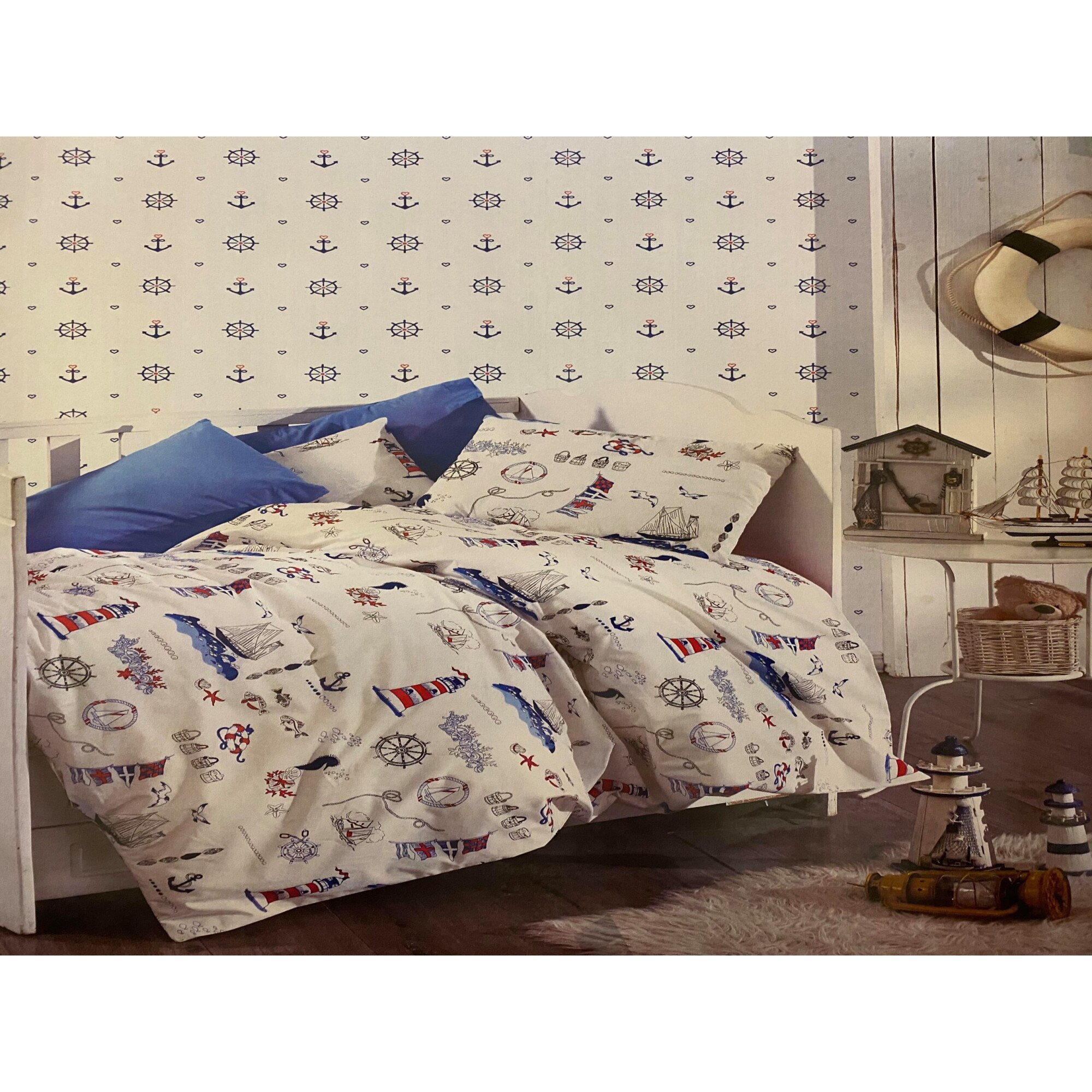 Lenjerie de pat din bumbac , Morris Alecsander , 3 piese , 180 x 260 , 1 persoana , culoare alb/albastru