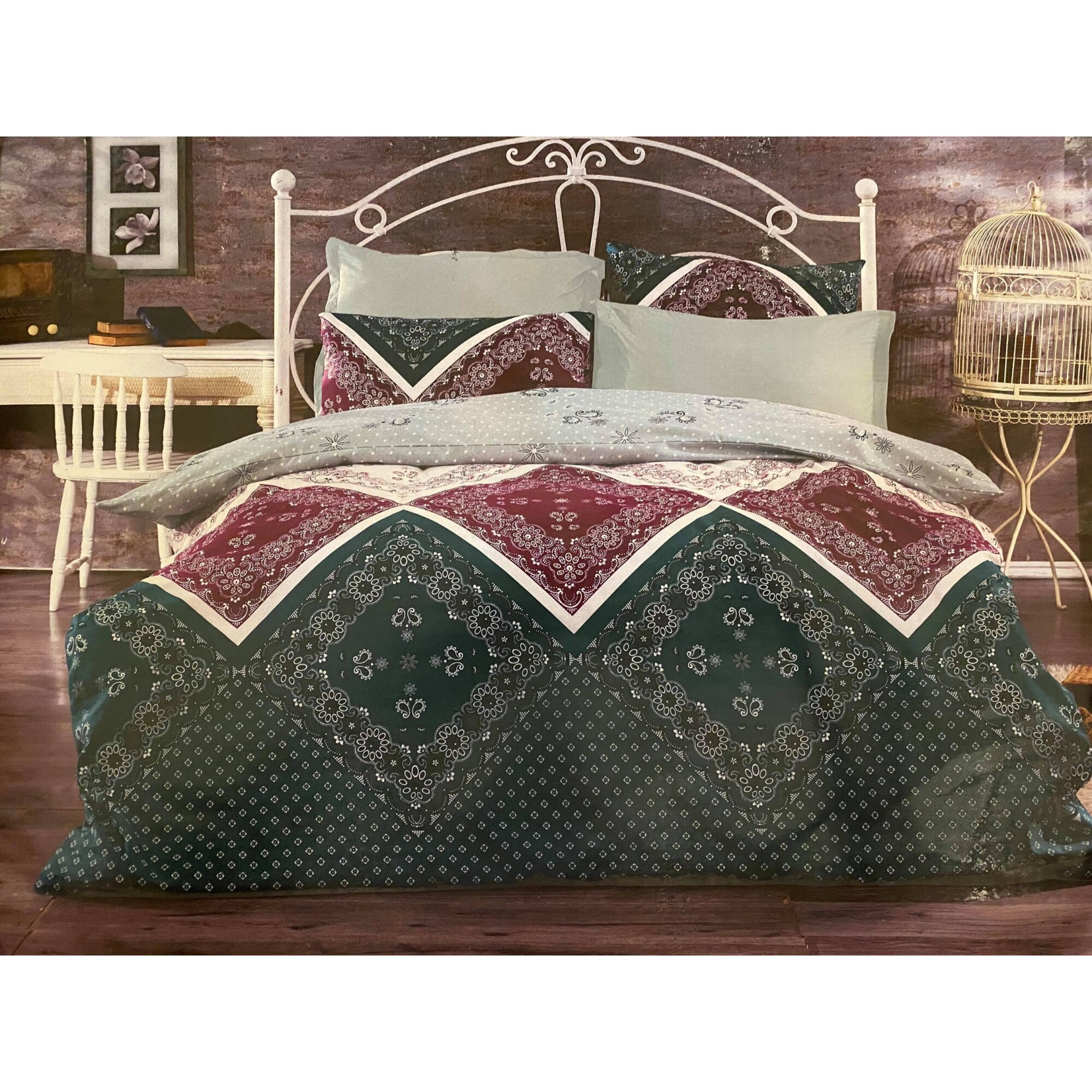 Lenjerie de pat din bumbac , Morris Alecsander , 3 piese , 180 x 260 , 1 persoana , culoare verde/roz