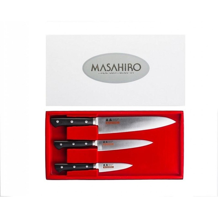 Set 3 cutite Masahiro MV-H Chef/Utility/Paring, Din otel inoxidabil MBS-26 si plastic POM, 334/264/206 mm, Negru/Argintiu