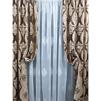 Set 2 draperii black-out MASTEL 2x100x245cm bej-maro cu perdea brodata 300x245cm ivoire model B9 confectionate cu rejansa Set 2 draperii black-out MASTEL 2x100x245cm bej-maro cu perdea brodata 300x245cm ivoire model B9 confectionate cu rejansa