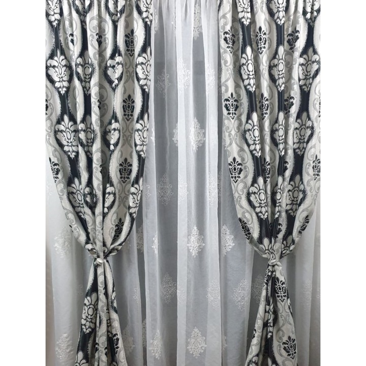 MASTEL sötétítő függöny készlet, 2 db, 2x100x260 cm, fekete / szürke + hímzett függöny, 300x260 cm, B9 modell, ráncolószalaggal, elefántcsont
