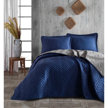 Set cuvertura matlasata + 2 fete perna bumbac 100%, 3 piese, Clasy, Prestige V2 Bleumarin/Gri Set cuvertura matlasata + 2 fete perna bumbac 100%, 3 piese, Clasy, Prestige V2 Bleumarin/Gri