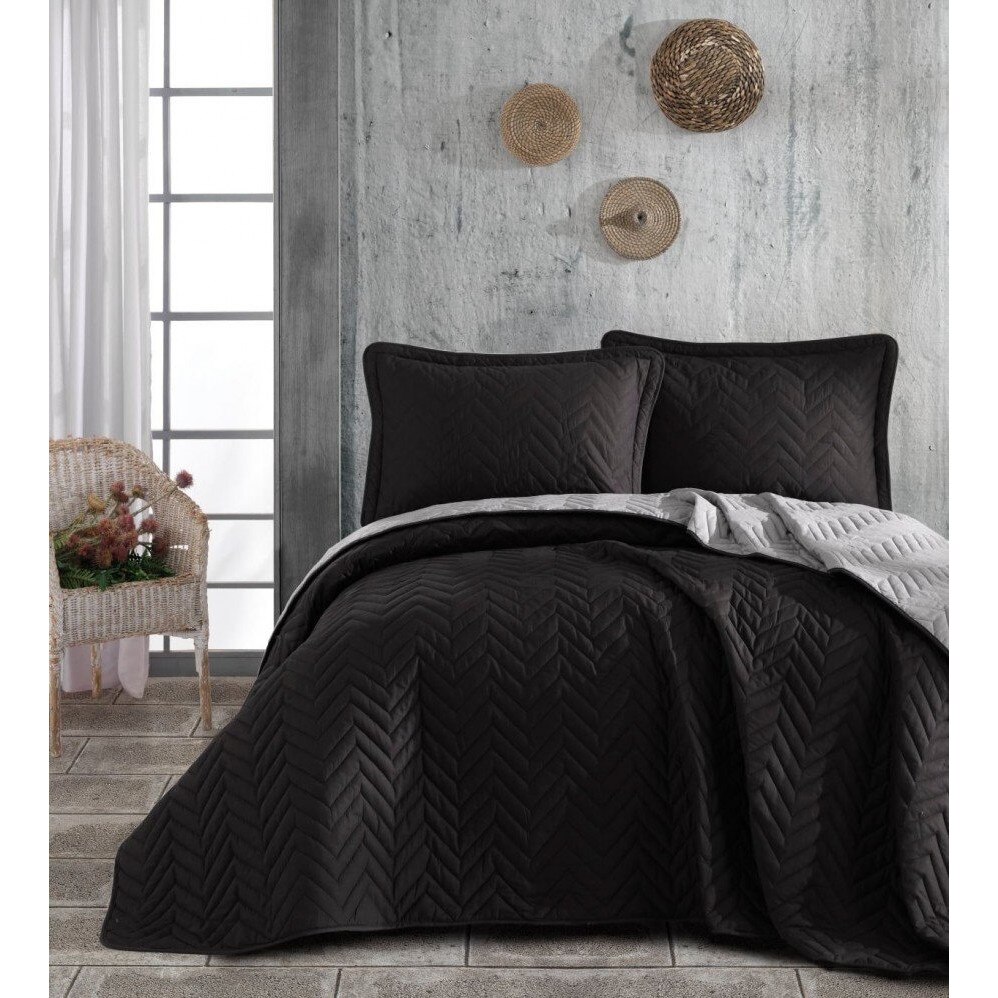 Set cuvertura matlasata + 2 fete perna bumbac 100%, 3 piese, Clasy, Prestige V3 Negru/Gri