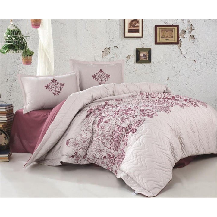 Set cuvertura matlasata + 2 fete perna bumbac 100%, 3 piese, Clasy, Mandora V2 - Dusty Rose