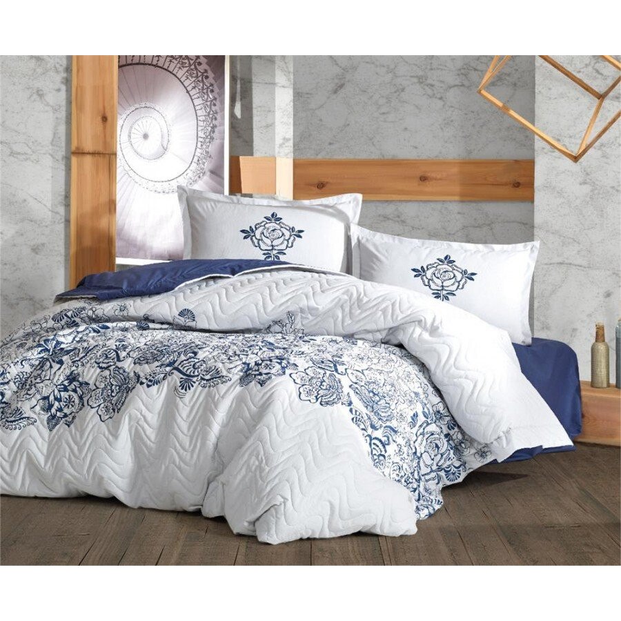 Set cuvertura matlasata + 2 fete perna bumbac 100%, 3 piese, Clasy, Mandora V1 - Dark Blue