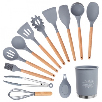 Set 13 Ustensile antiaderente de Bucatarie din silicon cu maner solid din bambus Set 13 Ustensile antiaderente de Bucatarie din silicon cu maner solid din bambus