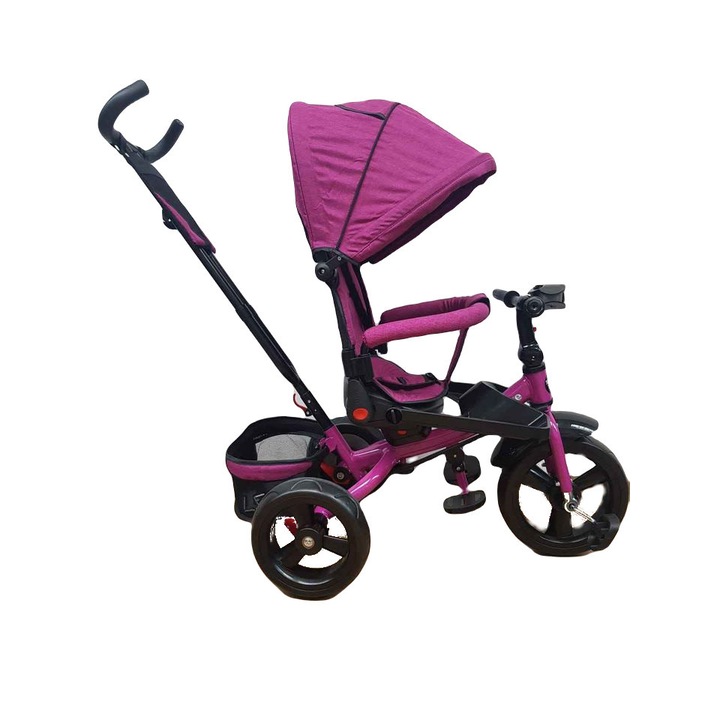 Tricicleta cu pozitie de somn, consola muzicala, scaun reversibil, 8-36 luni, roata plina, far cu lumini si muzica, roz