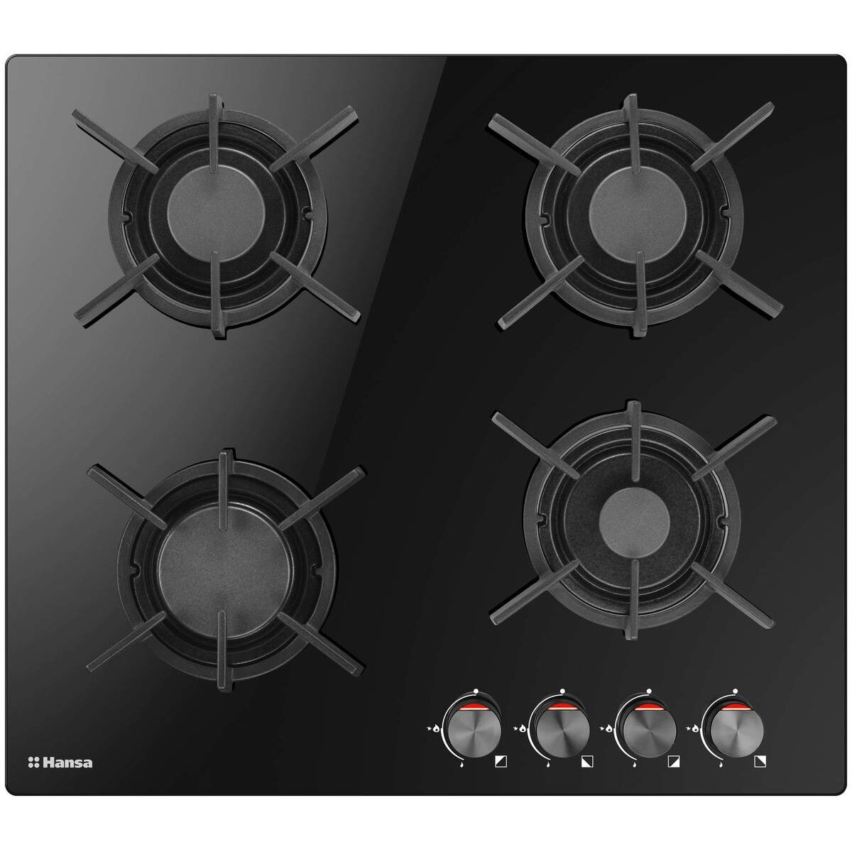 Plita incorporabila Hansa BHKS630700, Gaz, 4 arzatoare, Aprindere electrica, Supapa de siguranta, Suporturi fonta, Negru