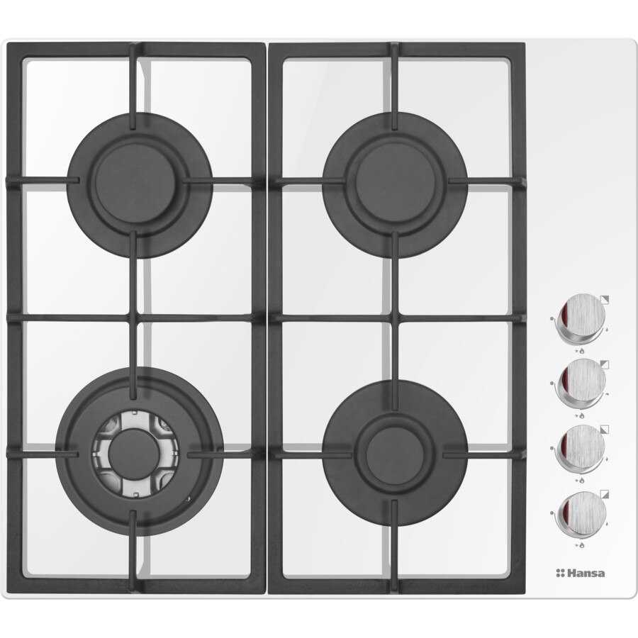 Plita incorporabila Hansa BHKW621531, Gaz, 4 arzatoare, Aprindere electrica, Suporturi fonta, Supapa de siguranta, Alb