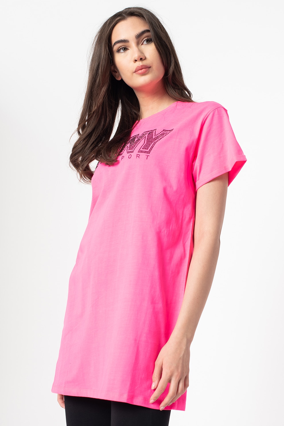 DKNY, Rochie mini tip tricou cu strasuri, Roz fucsia/Negru