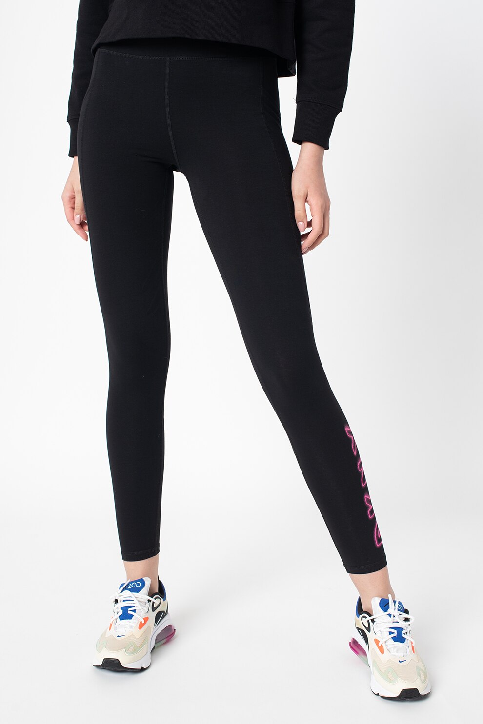 DKNY, Colanti cu talie inalta si imprimeu logo, Negru/Roz neon