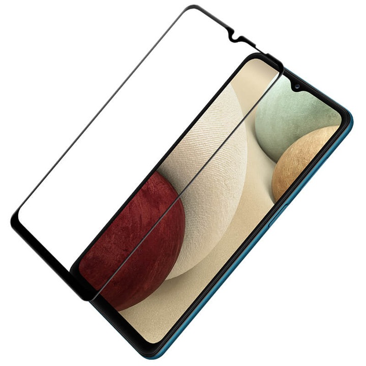 Innovatív üvegvédő Samsung Galaxy A12 készülékhez, teljes ragasztó, teljes lefedés és ragasztás, fekete