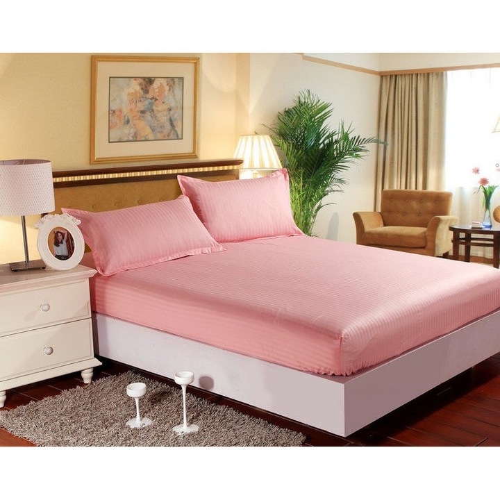 Husa de pat din damasc + 2 fete de perna pentru saltea de 140x200cm, roz, DHUS18