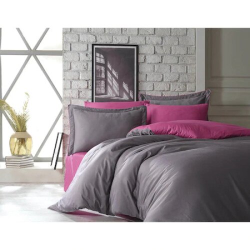 Lenjerie de pat Thalia Fucsia, de lux, pentru pat dublu, 6 piese, 200x220 / 50x70, 100% bumbac satinat