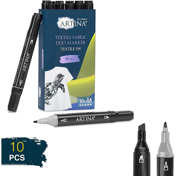 Маркери за текстил Artina Textile BS, 10 броя, Двойни, Черен
