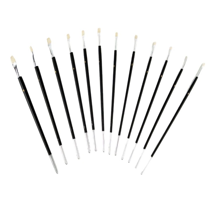Set pensule Artina, 12 bucăți, manere din lemn, vârf plat, negru