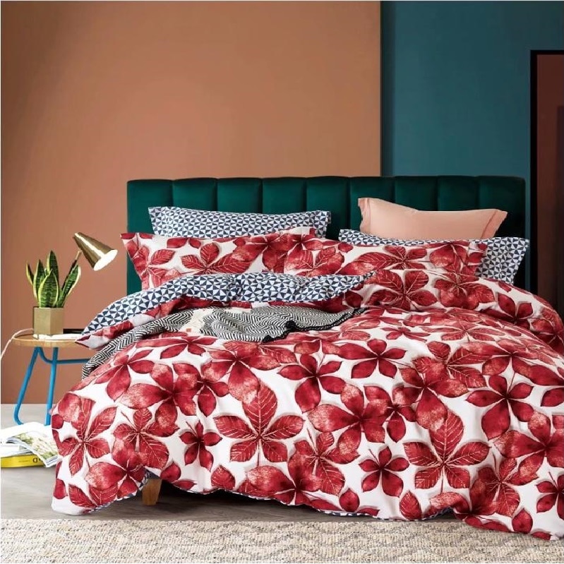 Set lenjerie bumbac finet, Milano, LK02, 6 Piese, 2 persoane, Alb/Rosu , 200 x 230 cm