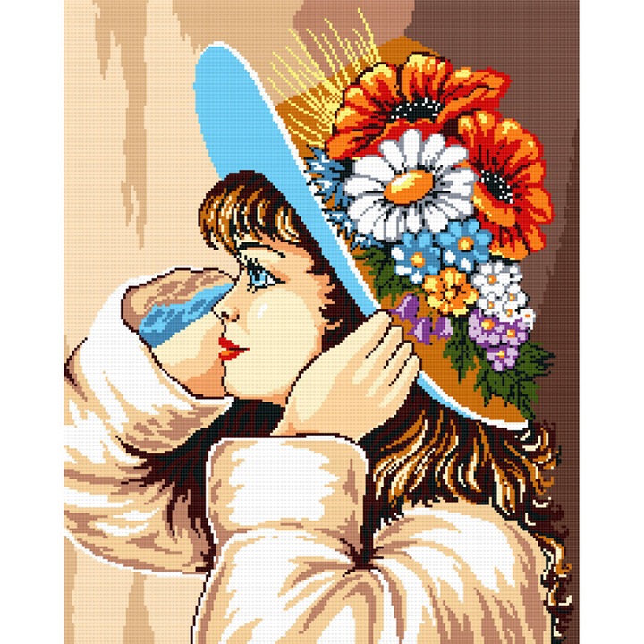 Goblen fetita cu flori , Hudemas , kit imprimat pe panza , cu fire mouline 20x25cm