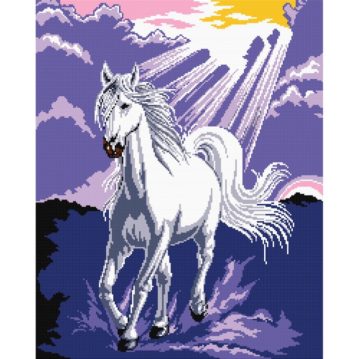 Goblen cal alb , Hudemas , kit imprimat pe panza , cu fire mouline 20x25cm