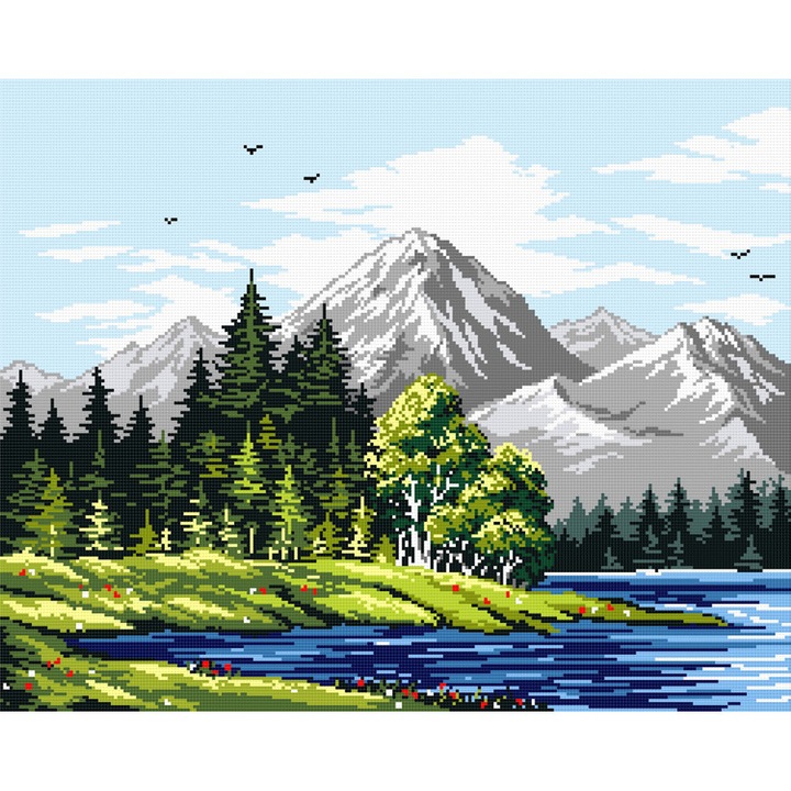 Goblen peisaj de munte 1 , Hudemas , kit imprimat pe panza , cu fire mouline 20x25cm