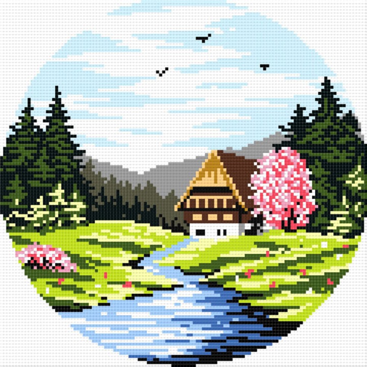 Goblen primavara , Hudemas , kit imprimat pe panza , cu fire mouline 12x12cm