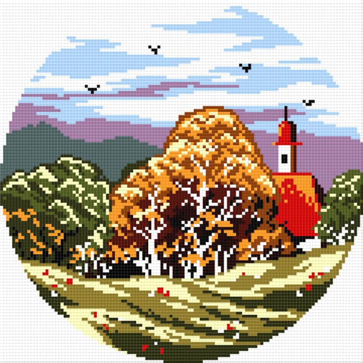 Goblen toamna , Hudemas , kit cu diagrama alb-negru , cu fire mouline 12x12cm