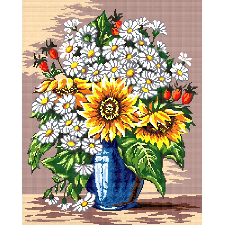 Goblen vaza cu flori , Hudemas , kit imprimat pe panza , cu fire mouline 20x25cm