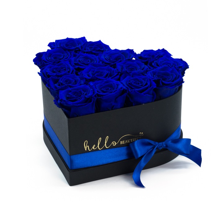 Aranjament floral cu 15 trandafiri de sapun in cutie, CDIMAG, albastru