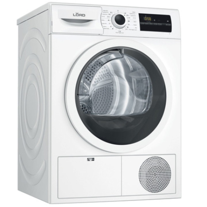 Uscator de rufe Lord T1, capacitate 8 kg, Pompa de caldura, clasa energetica A++, display touch, Alb