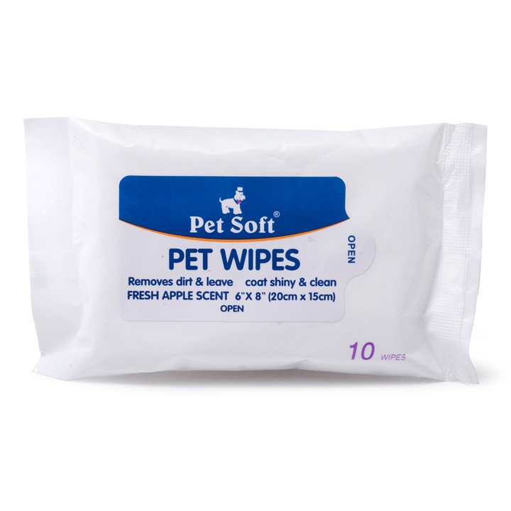 Антибактериални кърпи за домашни любимци Pet Soft, Ябълка, 15х20 см, Пакет 10 бр.