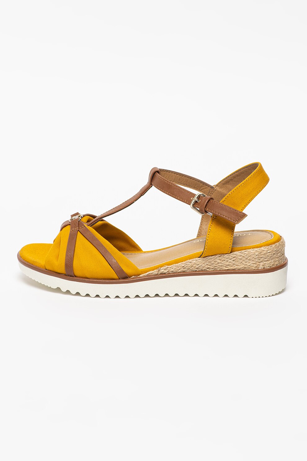 Tom Tailor, Sandale cu bareta in T si talpa wedge, Galben sofran/Maro