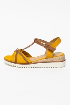 Tom Tailor, Sandale cu bareta in T si talpa wedge, Galben sofran/Maro Tom Tailor, Sandale cu bareta in T si talpa wedge, Galben sofran/Maro