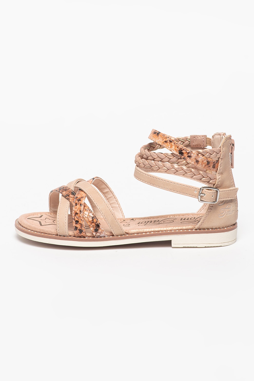 Tom Tailor, Sandale de piele ecologica cu barete impletite, Maro nisip/Auriu rose
