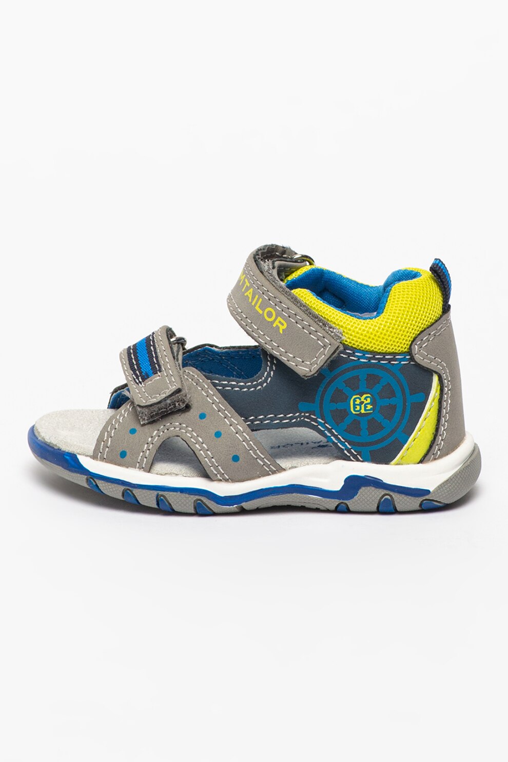 Tom Tailor, Sandale de piele ecologica cu material textil si velcro, Gri/bleumarin/verde lime