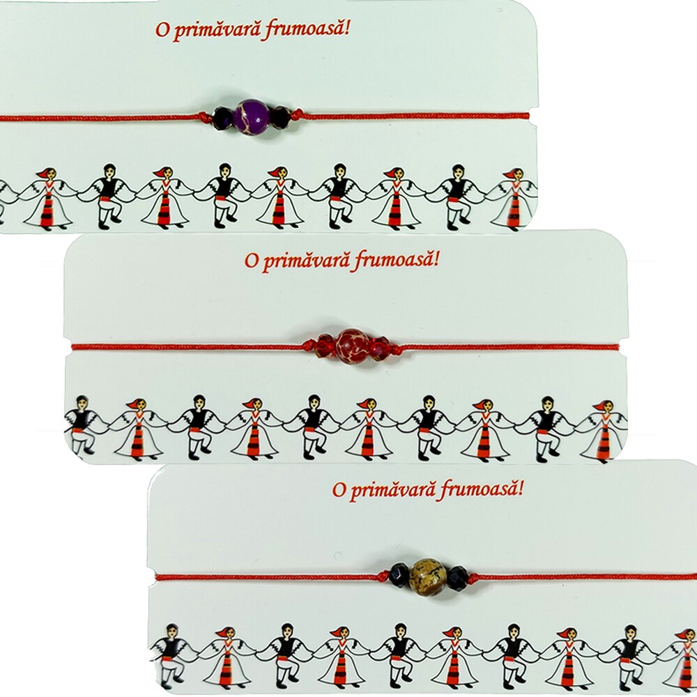 Set 3 Bratari Martisor ArtDeco cu pietre semipretioase Jasp Imperial Regalit rosu, violet si ciocolatiu, pe snur textil rosu, reglabile pe noduri 12 - 25 cm