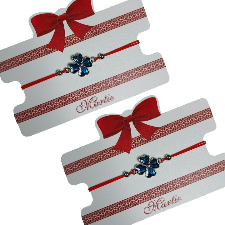Set 2 Bratari Martisor ArtDeco Trifoi sidef, realizate din aliaj metalic argintiu placat cu sidef si elastic rosu, reglabile pe noduri 8 - 25 cm