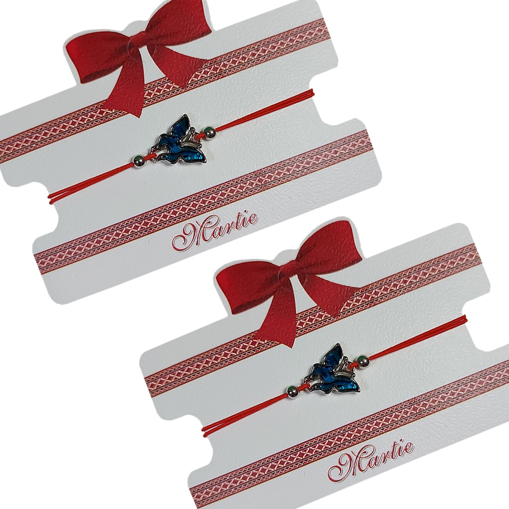 Set 2 Bratari Martisor ArtDeco Fluturas sidef, realizate din aliaj metalic argintiu placat cu sidef si elastic rosu, reglabile pe noduri 8 - 25 cm