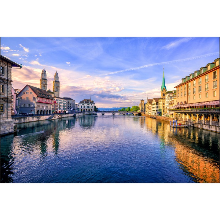 Fototapet Raul Limmat din Zurich 135cm x 90cm Cer, Nori, Peisaj oras, Vedere, Living