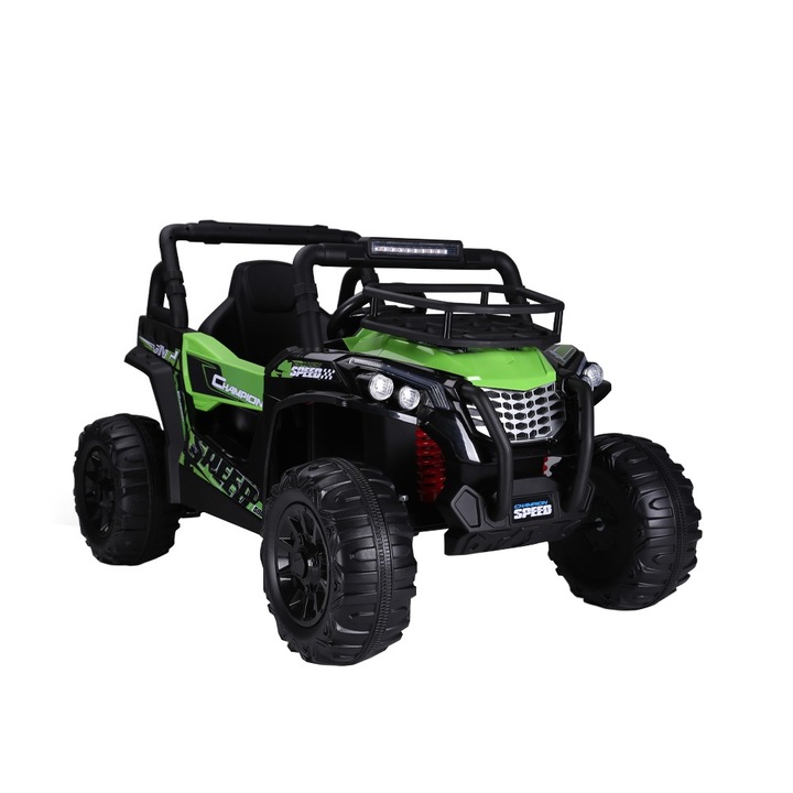 Електрическа кола с батерия за деца NOVOKIDS™ Speed Champion Buggy, С ярки фарове, Отварящи се врати, Дистанционно управление, 3-8 години, макс. 30 кг, 12V батерия, Mp3/USB, 2 скорости, Дължина 118 см, Offroad модел, Зелено