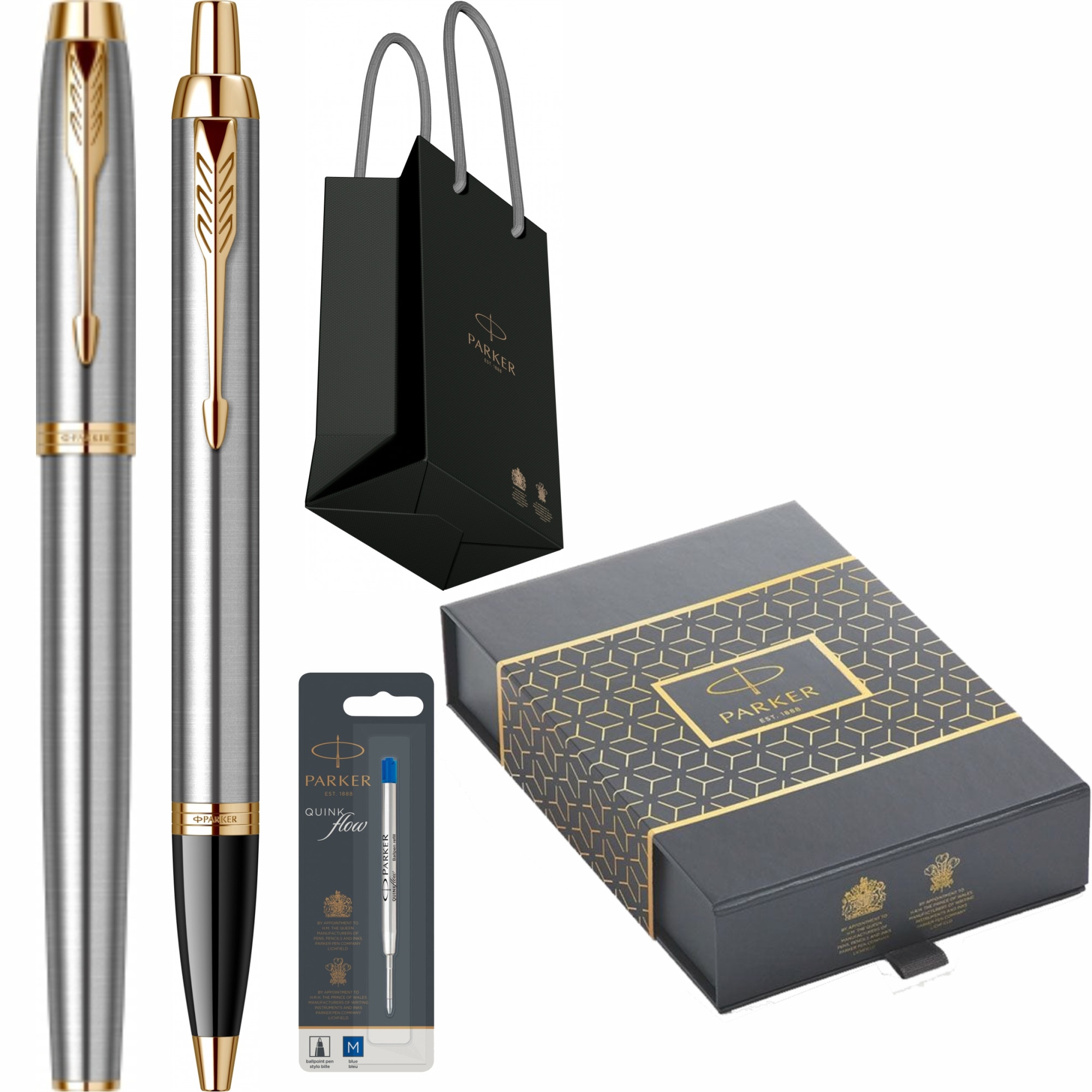 Set Parker Stilou Pix Personalizat prin Gravura Laser IM Royal Brushed Metal GT cu rezerva stilou + rezerva mina pix Quink Flow Albastru M/ F in cutie si punga