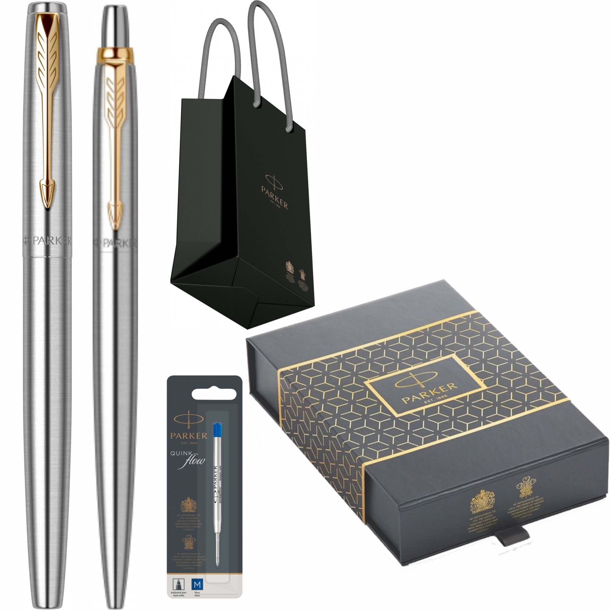 Set Parker Stilou Pix Personalizat prin Gravura Laser Parker Jotter Royal Stainless Steel GT cu rezerva stilou + rezerva mina pix Quink Flow Albastru M/ F in cutie si punga Parker