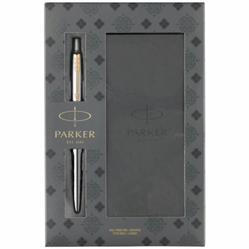 Set Parker Pix Jotter Royal Stainless Steel GT Personalizat prin Gravura Laser cu carnetel si punga Set Parker Pix Jotter Royal Stainless Steel GT Personalizat prin Gravura Laser cu carnetel si punga