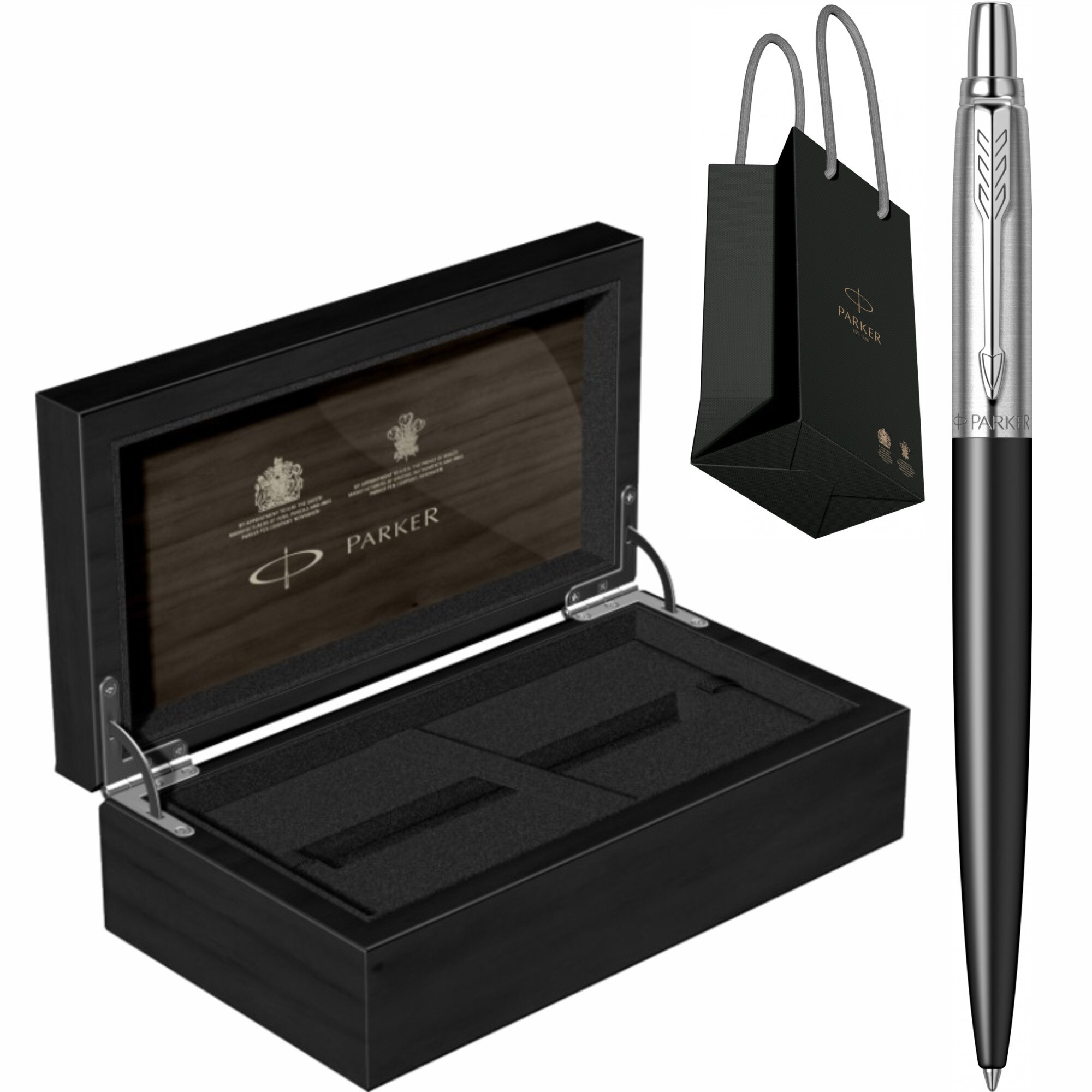 Set Parker Pix Jotter Royal Bond Street Black CT Personalizat prin Gravura Laser in Cutie de Lemn cu Punga