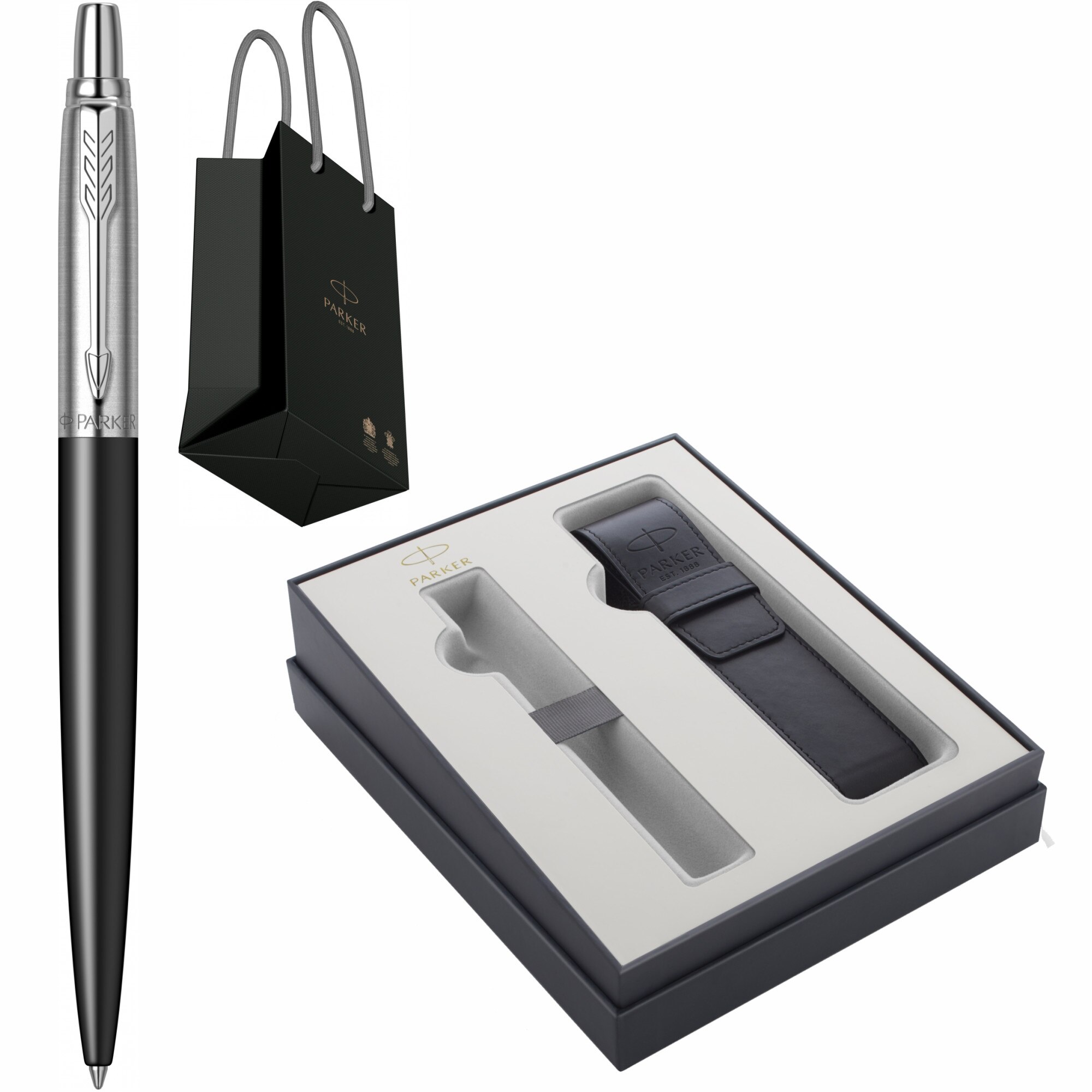 Set Parker Pix Jotter Royal Bond Street Black CT Personalizat prin Gravura Laser in Cutie cu Etui Piele Parker Focus Collection si Punga