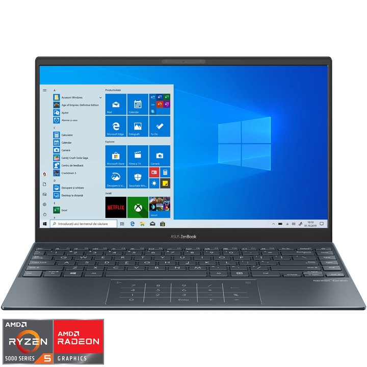 Laptop ultraportabil ASUS ZenBook 13 OLED UM325UA cu procesor AMD Ryzen™ 5 5500U pana la 4.00 GHz, 13.3", Full HD, OLED, 16GB, 512GB SSD, AMD Radeon™ Graphics, Windows 10 Home, Pine Grey