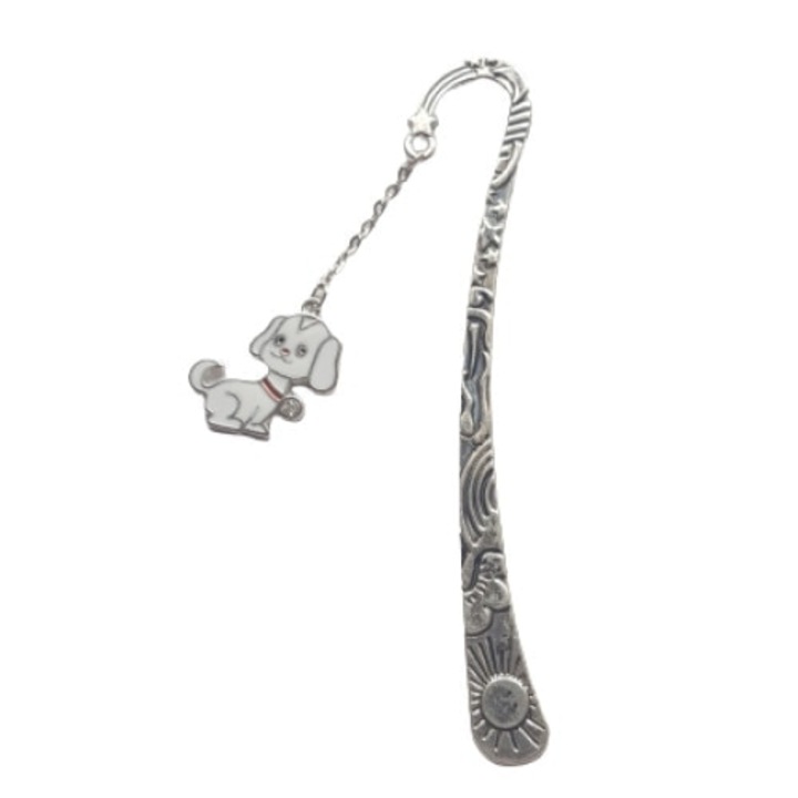 Semn de carte metalic AA cu lantisor si catelus alb cu stras, Eurozone