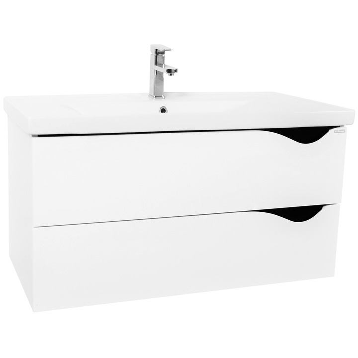 Комплект окачен шкаф за баня + Керамичен умивалник Badenmob Серия 097, С чекмеджета, 80 см, Бял